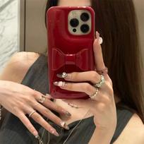 INS Korean Vintage Red 3D Bowknot Leather Phone Case For iPhone 17 16 15 14 13 12 Pro Max Creative Glossy Soap Soft Cover For iphone 14