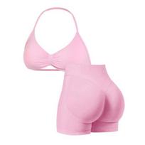 2 Piece Workout Sets for Women Backless Halter Strappy Sports Bra And High Waist Booty Shorts Set Seamless Gym Yoga Outfits S rožinė