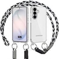 Dėklas Samsung Galaxy S26, Skaidrus kietas apsauginis nuo įbrėžimų su juodai baltu raišteliu balta