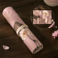 Traditional Palace Vintage Roll Up Pencil Case Lotus Plum Blossom Stationery Bag Roll Pouch for School