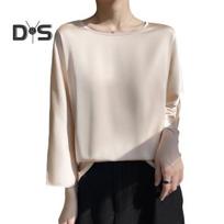Spring Summer Women O neck 3/4 Flared Sleeve Blouse Solid Color Loose Fit Smooth Satin Thin T shirt Streetwear 2XL