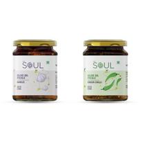 Soul Garlic Pickle 275 Grams and Green Chilli Pickle 265 Grams in Olive Oil (Pack of 2)