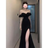 Temperament burgundy dress one-word shoulder dress Spice girl split fork waist hip fish tail long dress women S- (can be worn within 45kg) juoda