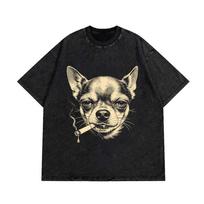 Humorous Chihuahua Smoking Print T-Shirt Women Men Wash Distressed Vintage O Neck Tees Unisex Student Casual 100 Cotton Tops L260527 S įvairiaspalvis