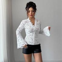 Spring Autumn Ladies White Sexy Luxury Lace Slim Top Fashion Daily Basic Office Lady Casual Slim Fit Ladies Elegant Women Long Sleeve Top S balta