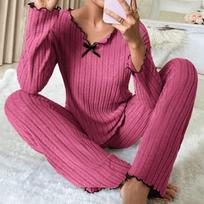 Women Pajamas 2 Piece Women's Pit Stripe Knit Long-sleeved V-Neck Top Trousers Suit Winter Casual Warming Nightwear Home Clothes S