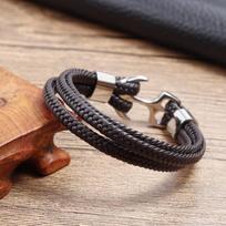 2018 Fashion Stainless Steel Anchor Bracelet Men Black Braided Cowhide Leather Rope Bracelets Wrap Punk Charm Jewelry 19cm juoda