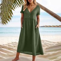 Women’s Short Sleeve V Neck Button Down Midi Dress with Pockets Casual Loose Fit Summer Dress for Daily Wear XL