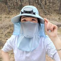 Quick Dry Solar Fan Hat Breathable USB Charging Wide Brim Sun Cap With Mask Solar Charging Cooling Fisherman Hat Camping mėlyna