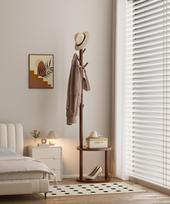 Solid Wood Coat Rack Floor Stand, Mobile Clothes Hanger with Bag Hooks, Chinese Style Movable Storage Unit for Entryway