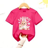 New Labubu Children's T-shirt Scarf LABUBU Flower and Rabbit Pattern Girl Round Neck Short Sleeve Casual Versatile Clothing 110