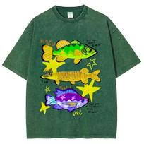 Fashion Women Cotton Washed T-Shirt Fish Vacation Unisex Print Tops Casual Loose Tees Vintage Beach Style Clothes Hip Hop S įvairiaspalvis