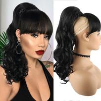 Body Wave One-Piece Ponytail with Bangs 18 Inch #1B Natural Black Heat-Resistant Fiber Hair Extension Ready to Ship (as the picture,18 inches(45.72cm))