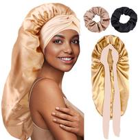 3PCS/LOT Long Tube Women Satin Bonnet Silky Elastic Night Sleeping Night Hat Beauty Salon Hair Care Hat Bathroom Cap Hair Ropes One Size