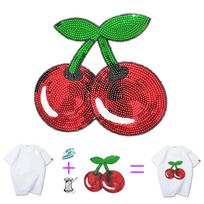 Clothing Women Shirt Top Diy Fruit Patch Red Sequins Deal With It T-shirt Girls Iron Patches For Clothes Stickers L raudona
