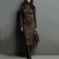 Women's Pleated Velvet Super Long Dress Long Sleeve High Neck Tight Long Dress Fashion Color Dress L kava
