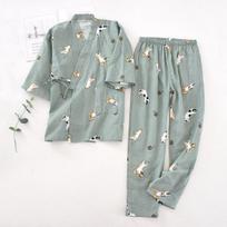 Women Cotton Gauze Kimono Pajamas Spring Autumn Japanese Style Seven Sleeve Home Clothes L