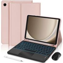 Klaviatūros dėklas, skirtas Samsung Galaxy Tab A11 Plus / A9 Plus, Rožinės odos efektas su apšviečiama klaviatūra + Pelė + Rašiklis