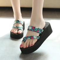 Flower High Heel Thick Bottom Flip-flops Women Beach Anti Slip High Heeled Slippers Fashionable External Wear Sandals Simple Casual Style Summer 36