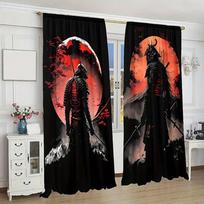 2pcs Japanese Samurai Ink Painting Curtains for Living Room Semi-Transparent Polyester Drapes Partition Style, Home Decoration 2x50W130H(CM)40x51in&Hook