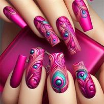 24 Pcs Square Medium Length Press On Nail Hot Pink Feathered Design Full Cover False Nail Coffin Artificial Faux Nail 1