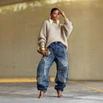 Women's Mid Rise Patchwork Baggy Pants Distressed Straight Leg Jeans 2026 Spring Streetwear Non Stretch Denim Trousers S
