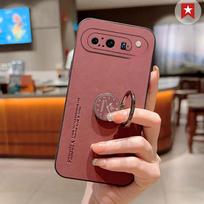 For Google Pixel 9 Pro XL Sheepskin Leather Ring Stand Holder Case For Pixel 9Pro XL Matte Lens Protection Shockproof Back Cover Google Pixel 9 raudona