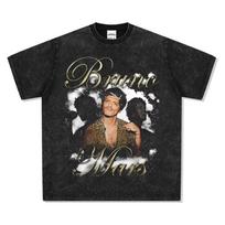 2026 Bruno Mars American Street Fashion Vintage Printed Washed T-shirt Cotton Round Neck Short Sleeve Casual Style for Men Women S įvairiaspalvis