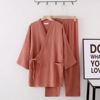 Unisex Crepe Gauze Kimono Top & Long Pants Set - Soft, Indoor/Outdoor Wear Large plytų raudona spalva