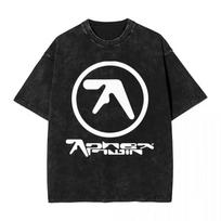 T-Shirt Aphex Twin Washed Black Print Cotton Graphic Oversized Korean Fashion Short Sleeve Tops Tees Y2k for Men Women S black