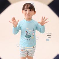 LUSON 2026 New Boy's Long Sleeve Cartoon Print Three-Piece Swimsuit Set 90 mėlyna