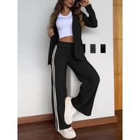 Women 2 Piece Sets Suit Jacket Wide Leg Pants Turn Down Collar Pockets Striped Blazer Coat Trousers Office Lady Outfits L