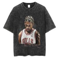 Dennis Rodman Basketball Graphic T-Shirt for Men: Vintage Washed, Short Sleeve, Oversized Hip Hop Streetwear T-Shirt S