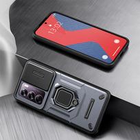 KEYSION Shockproof Case for OPPO Reno 12 Pro 5G Slide Push Pull Camera Lens Protection Ring Stand Phone Cover for OPPO Reno12 5G for OPPO Reno12 5G pilka spalva