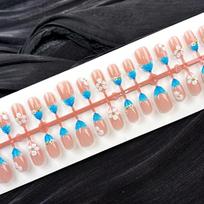 30pcs Elegant Handmade Press on Nails French Design Ocean Style Almond Fake Nails Light Blue Nude 3D Floral Nails Sweet Summer