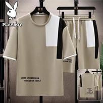 PLAYBOY Men's Summer Casual Top & Shorts Set 2XL chaki