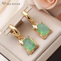 Fashion Rectangle Green Artificial Crystal Drop Earrings For Women Trendy Elegant Champagne Gold Color Jewelry