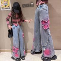 Deals Girls Fashion Spray-Painting Butterfly Denim Wide Leg Pants High Waist Korea Style Long Jeans Teens Trousers 120
