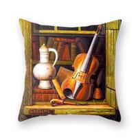 Vintage Oil Painting Speaker Camera Kerosene Lamp Print Polyester Cushion Cover Sofa Square Pillowcase Home Decoration 45X45Cm Peach skin 18*18(CM)-1Pcs