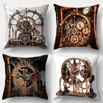 Vintage Industrial Style Pillow Covers, Complex Steampunk Clock & Gear Print Cushion Cases, Cozy Home Decor Bedroom Living Room Peach skin 18*18(CM)-1Pcs