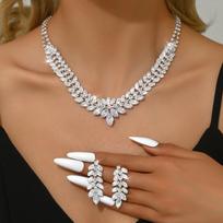 Copper Zirconium Leaf Necklace Earrings Light Luxury Premium Rhinestone Jewelry Set Bridal Wedding Jewelry Accessories
