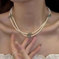 Light Luxury Green Jade Natural Stone Simulated Pearl Beaded Necklace for Women 18K Real Gold Copper Long Sweater Chain