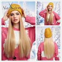 ALAN Hat wigs Cap Long BLonde Straight Wig Connect Winter Knitted Beanie Hat Heat Resistant Hair Pieces Hair Extensions brown