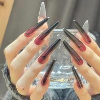 Gothic Romantic Gradient Red & Black Press-On Nails - Mysterious Detachable Long Style M 【includes tool kit】for broad hands