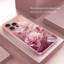 Luxury Pink Rose Pattern Pink Metallic Paint Glass Hard Phone Case For iPhone 17 16 15 14 13 12 11 Pro Max Plus 16E 17Air Cover iPhone 16 Pro