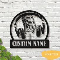 Customizable Music Studio Metal Wall Art Microphone Headphones Personalized Iron Name Sign Home Decor M