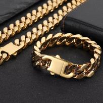 Hip Hop Jewelry 5-15MM Stainless Steel Monaco Cuban Chain Polished Stainless Steel Miami Cuban Chains Necklace Bracelet Set 7mm width&7.5inch(19cm)bracelet sidabras