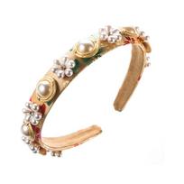 Brocade Embroidered Floral Headband Luxury Round Pearl Golden Beaded Hair Band Vintage Palace Style Elegant Party Headwear