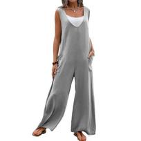 Women Casual Loose Long Bib Pants Sleeveless Wide Leg Baggy Jumpsuits Cotton Romper Overalls with Pockets L pilka