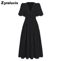 Hot Summer New Arrivals Luxury V-Neck Bubble Sleeve Vacation Dress Women's Long Fashion Gown S